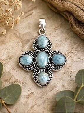5-stone Natural Larimar Cross Sterling Silver 2.3” Pendant
